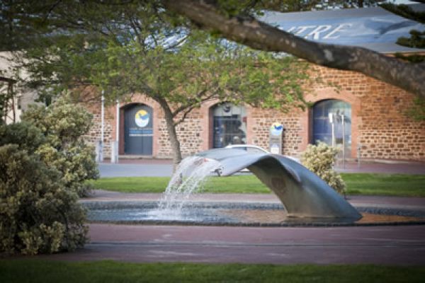 the whale tail fountain outside The Whale Centre in Victor Harbor